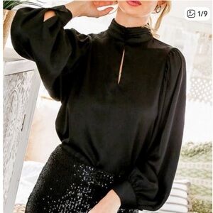 NWT Vine & Love Black Satin Blouse with Balloon Sleeves